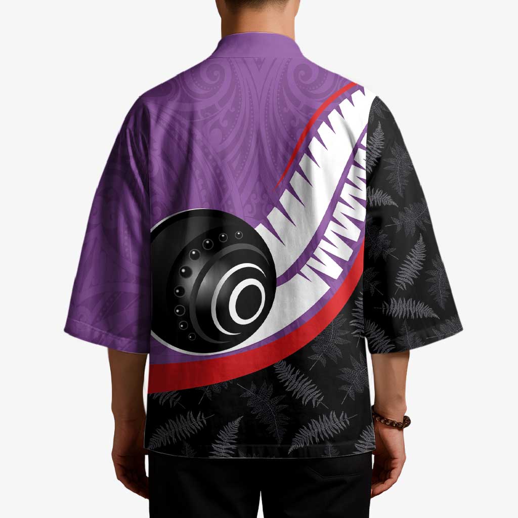 Personalised Aotearoa Lawn Bowls Kimono Maori and Silver Fern Sporty Style Purple Color - Polynesian Pride