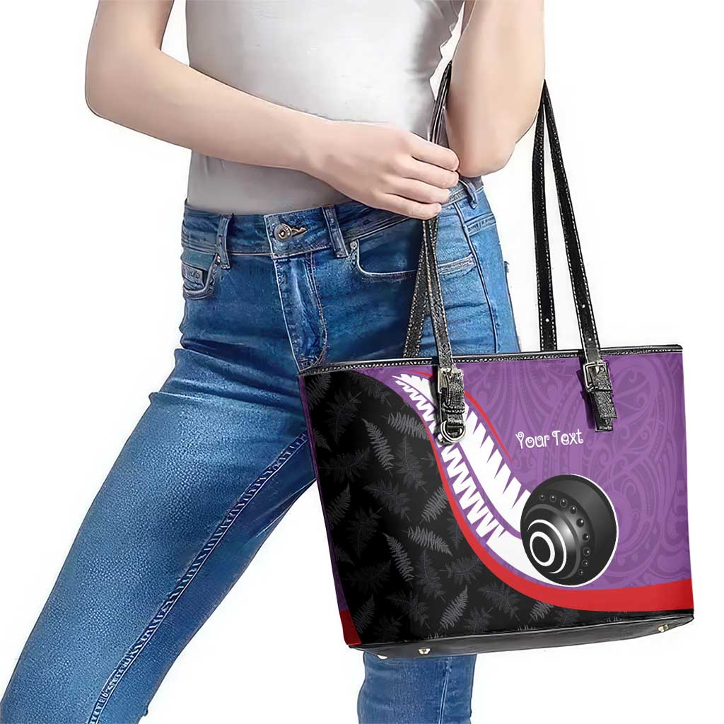 Personalised Aotearoa Lawn Bowls Leather Tote Bag Maori and Silver Fern Sporty Style Purple Color - Polynesian Pride
