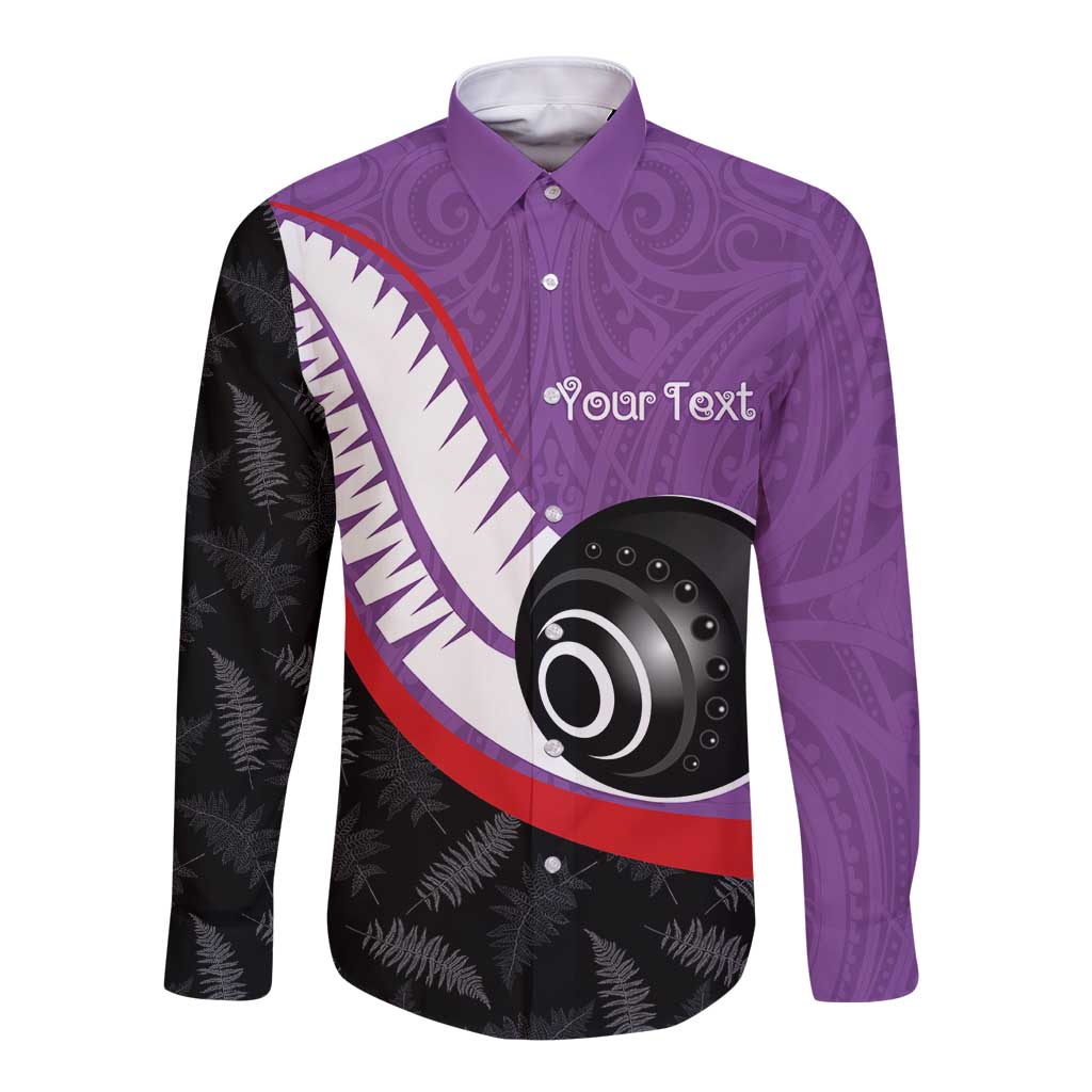 Personalised Aotearoa Lawn Bowls Long Sleeve Button Shirt Maori and Silver Fern Sporty Style Purple Color - Polynesian Pride