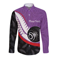Personalised Aotearoa Lawn Bowls Long Sleeve Button Shirt Maori and Silver Fern Sporty Style Purple Color - Polynesian Pride