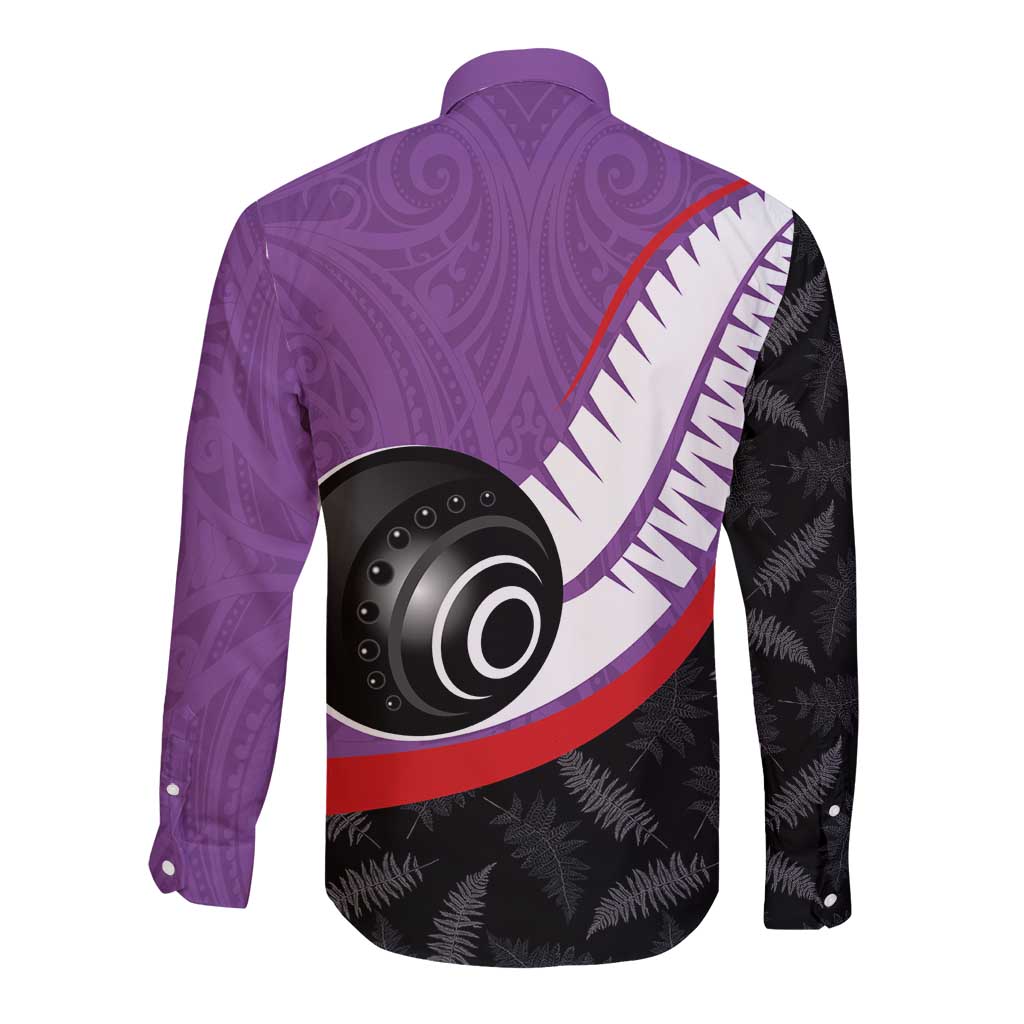Personalised Aotearoa Lawn Bowls Long Sleeve Button Shirt Maori and Silver Fern Sporty Style Purple Color - Polynesian Pride