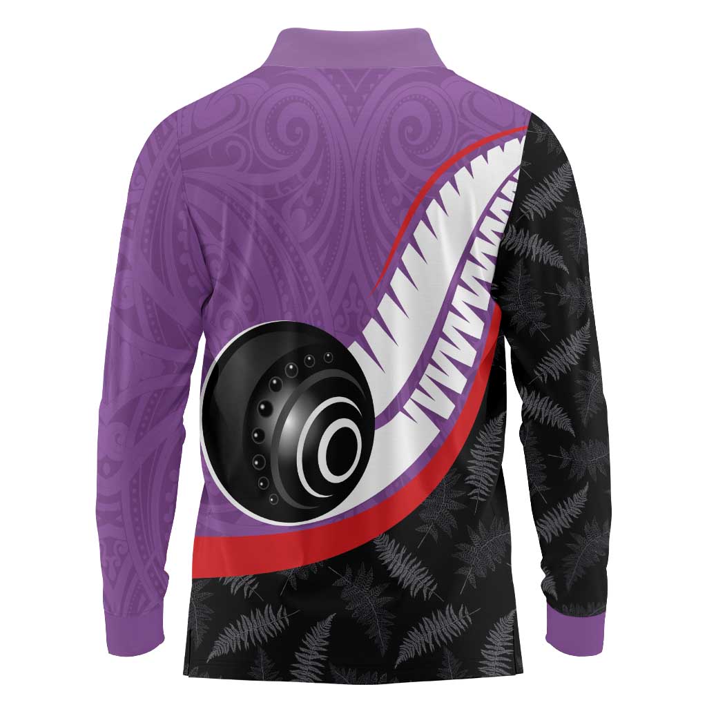 Personalised Aotearoa Lawn Bowls Long Sleeve Polo Shirt Maori and Silver Fern Sporty Style Purple Color - Polynesian Pride