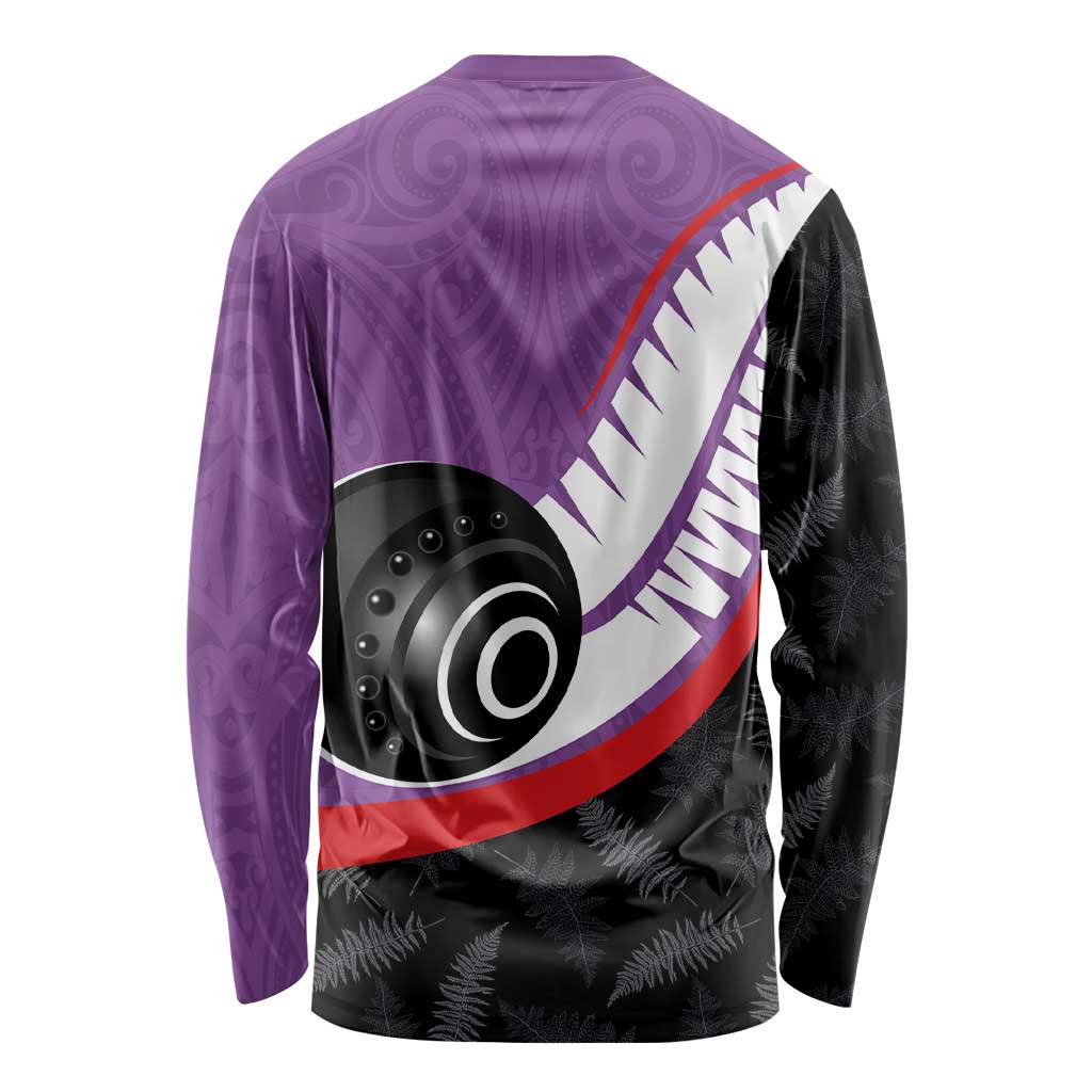 Personalised Aotearoa Lawn Bowls Long Sleeve Shirt Maori and Silver Fern Sporty Style Purple Color - Polynesian Pride