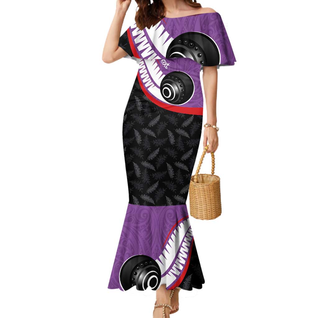 Personalised Aotearoa Lawn Bowls Mermaid Dress Maori and Silver Fern Sporty Style Purple Color LT03 Women Purple - Polynesian Pride