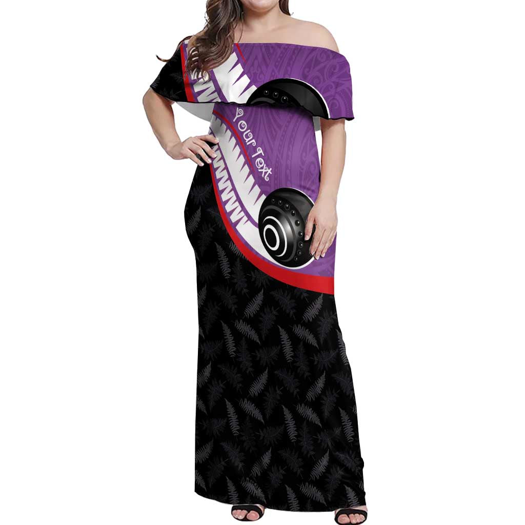 Personalised Aotearoa Lawn Bowls Off Shoulder Maxi Dress Maori and Silver Fern Sporty Style Purple Color - Polynesian Pride