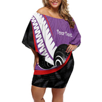 Personalised Aotearoa Lawn Bowls Off Shoulder Short Dress Maori and Silver Fern Sporty Style Purple Color - Polynesian Pride
