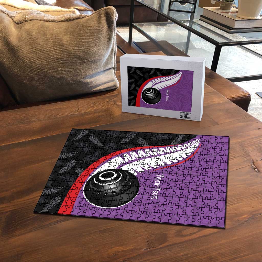 Personalised Aotearoa Lawn Bowls Puzzle Maori and Silver Fern Sporty Style Purple Color - Polynesian Pride