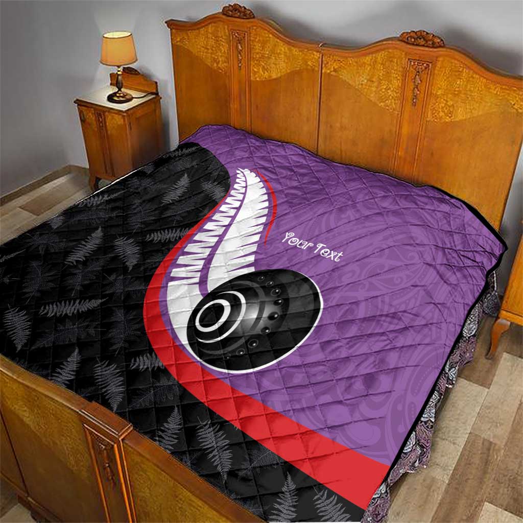 Personalised Aotearoa Lawn Bowls Quilt Maori and Silver Fern Sporty Style Purple Color - Polynesian Pride