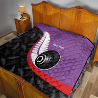 Personalised Aotearoa Lawn Bowls Quilt Maori and Silver Fern Sporty Style Purple Color - Polynesian Pride
