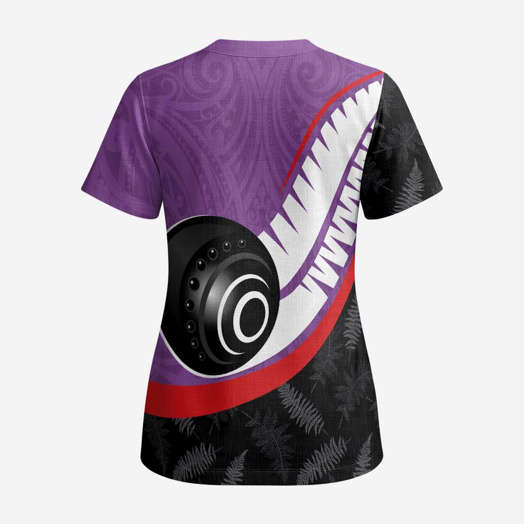 Personalised Aotearoa Lawn Bowls Scrub Top Maori and Silver Fern Sporty Style Purple Color - Polynesian Pride