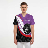 Personalised Aotearoa Lawn Bowls Scrub Top Maori and Silver Fern Sporty Style Purple Color - Polynesian Pride