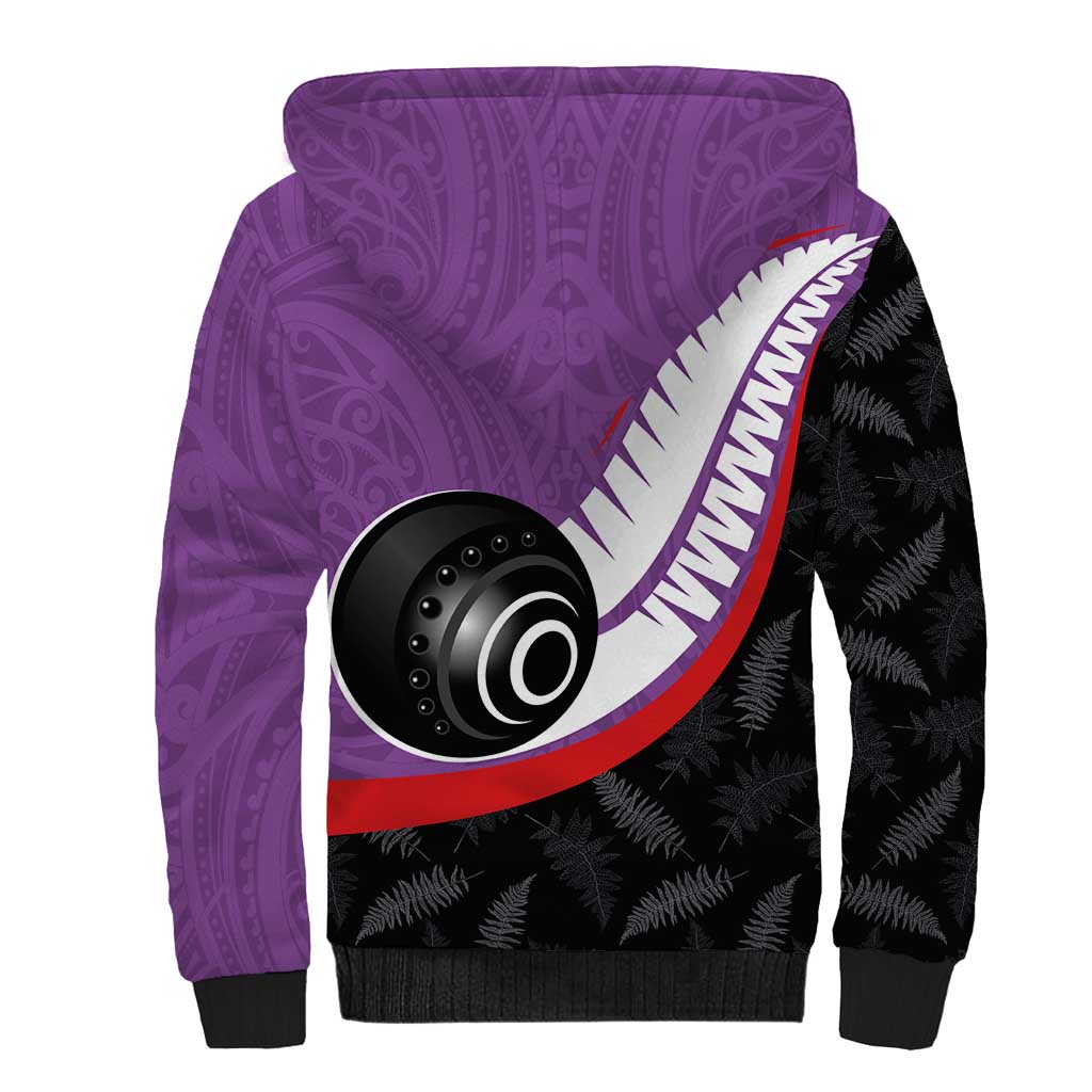 Personalised Aotearoa Lawn Bowls Sherpa Hoodie Maori and Silver Fern Sporty Style Purple Color - Polynesian Pride