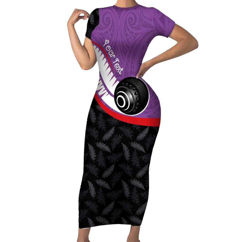 Personalised Aotearoa Lawn Bowls Short Sleeve Bodycon Dress Maori and Silver Fern Sporty Style Purple Color - Polynesian Pride