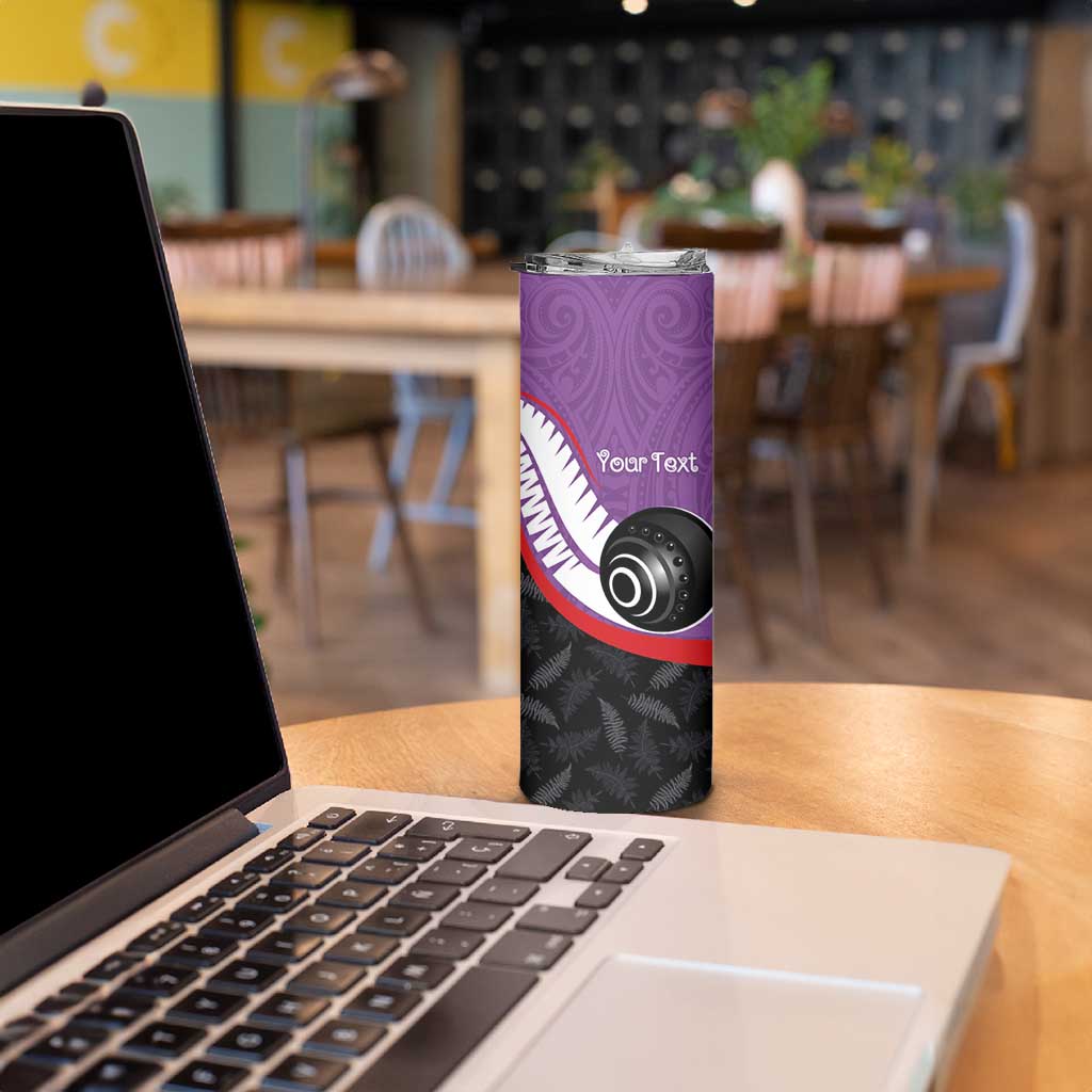 Personalised Aotearoa Lawn Bowls Skinny Tumbler Maori and Silver Fern Sporty Style Purple Color - Polynesian Pride