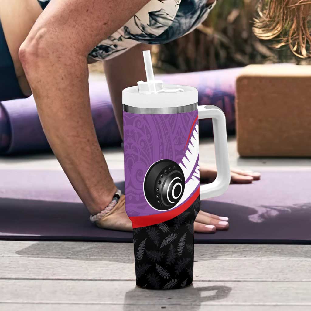Personalised Aotearoa Lawn Bowls Tumbler With Handle Maori and Silver Fern Sporty Style Purple Color - Polynesian Pride