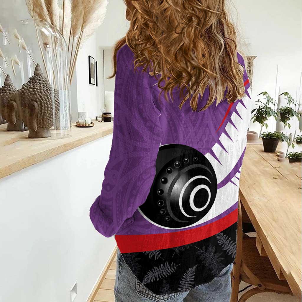 Personalised Aotearoa Lawn Bowls Women Casual Shirt Maori and Silver Fern Sporty Style Purple Color - Polynesian Pride