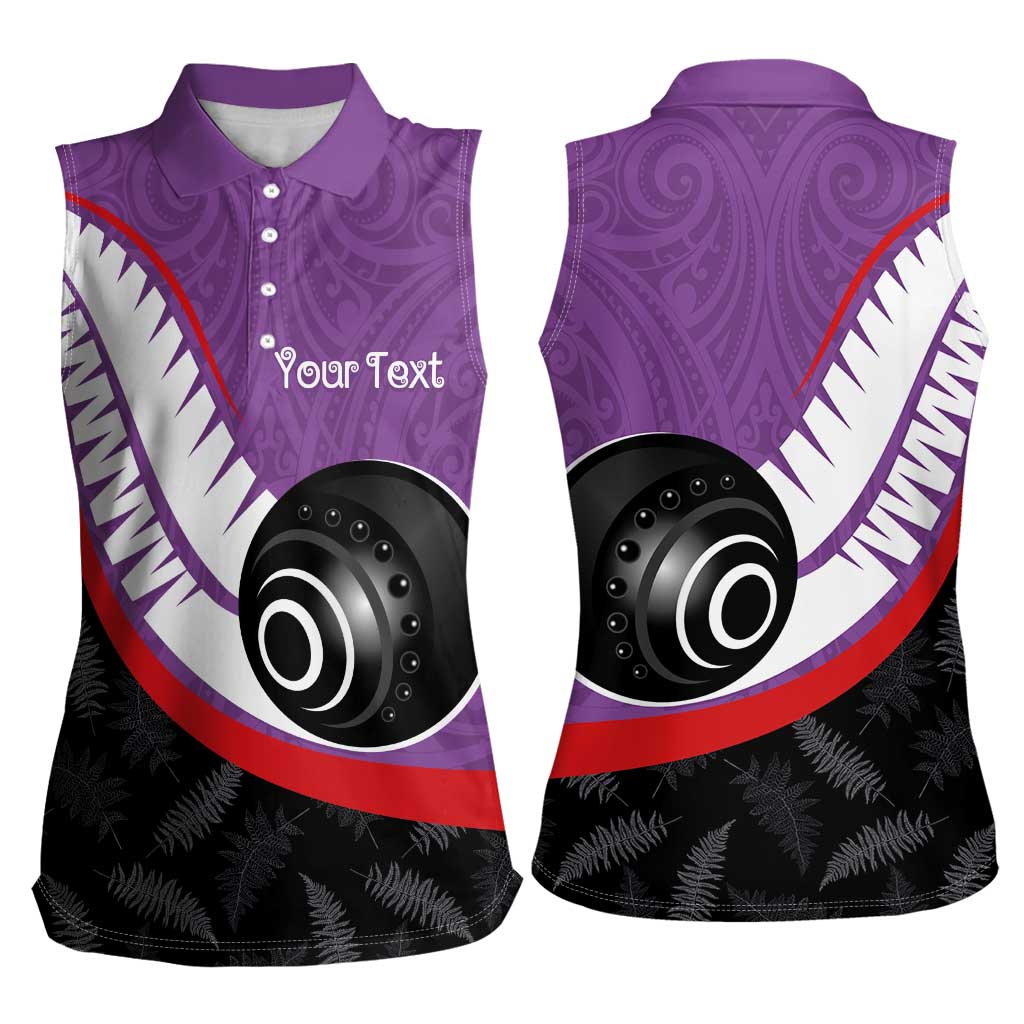 Personalised Aotearoa Lawn Bowls Women Sleeveless Polo Shirt Maori and Silver Fern Sporty Style Purple Color - Polynesian Pride