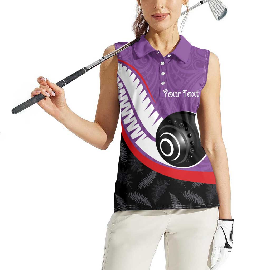 Personalised Aotearoa Lawn Bowls Women Sleeveless Polo Shirt Maori and Silver Fern Sporty Style Purple Color - Polynesian Pride