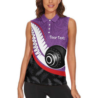 Personalised Aotearoa Lawn Bowls Women Sleeveless Polo Shirt Maori and Silver Fern Sporty Style Purple Color - Polynesian Pride