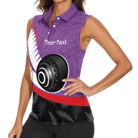 Personalised Aotearoa Lawn Bowls Women Sleeveless Polo Shirt Maori and Silver Fern Sporty Style Purple Color - Polynesian Pride