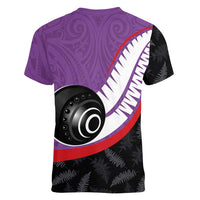 Personalised Aotearoa Lawn Bowls Women V-Neck T-Shirt Maori and Silver Fern Sporty Style Purple Color - Polynesian Pride