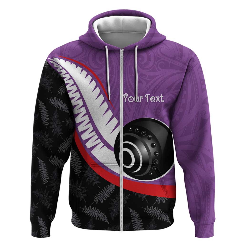 Personalised Aotearoa Lawn Bowls Zip Hoodie Maori and Silver Fern Sporty Style Purple Color - Polynesian Pride