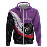 Personalised Aotearoa Lawn Bowls Zip Hoodie Maori and Silver Fern Sporty Style Purple Color - Polynesian Pride