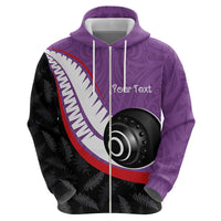 Personalised Aotearoa Lawn Bowls Zip Hoodie Maori and Silver Fern Sporty Style Purple Color - Polynesian Pride