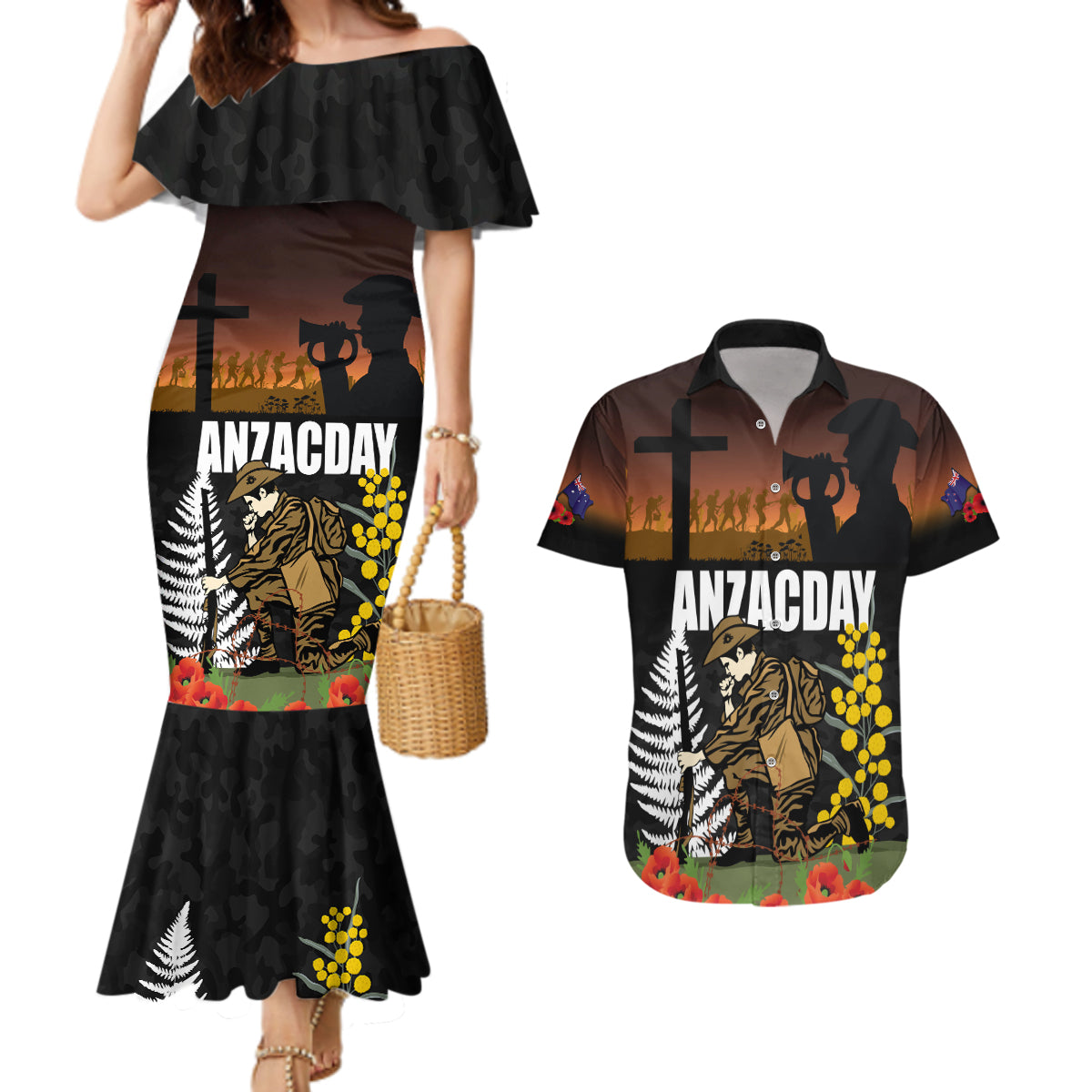 New Zealand and Australia ANZAC Day Couples Matching Mermaid Dress and Hawaiian Shirt Soldier and Last Post Camouflage Pattern LT03 Black - Polynesian Pride