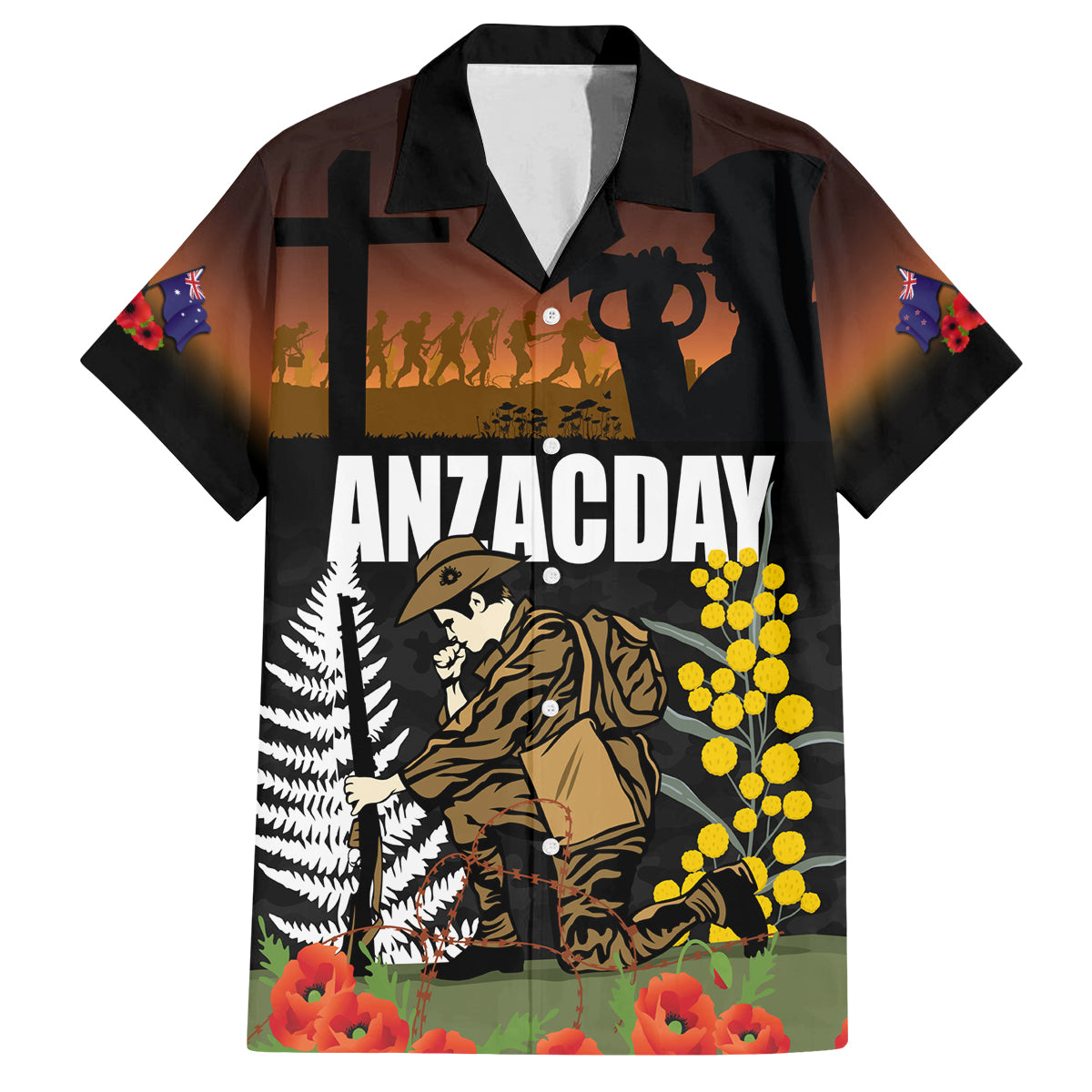 New Zealand and Australia ANZAC Day Family Matching Long Sleeve Bodycon Dress and Hawaiian Shirt Soldier and Last Post Camouflage Pattern LT03 Dad's Shirt - Short Sleeve Black - Polynesian Pride