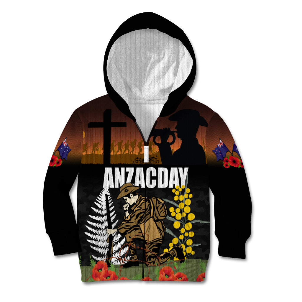 New Zealand and Australia ANZAC Day Kid Hoodie Soldier and Last Post Camouflage Pattern LT03 Zip Hoodie Black - Polynesian Pride