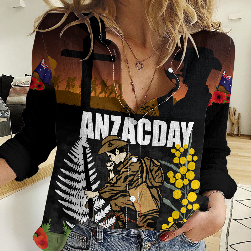 New Zealand and Australia ANZAC Day Women Casual Shirt Soldier and Last Post Camouflage Pattern LT03 Female Black - Polynesian Pride