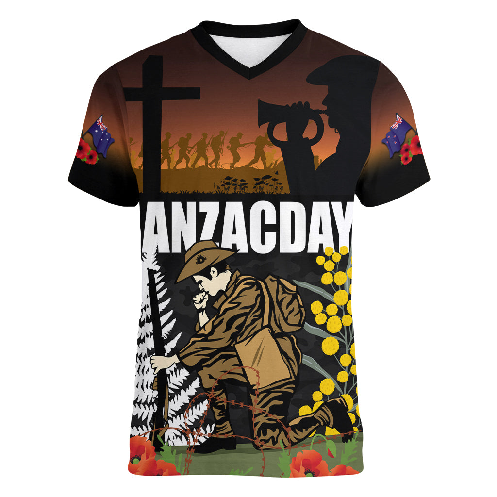 New Zealand and Australia ANZAC Day Women V Neck T Shirt Soldier and Last Post Camouflage Pattern LT03 Female Black - Polynesian Pride