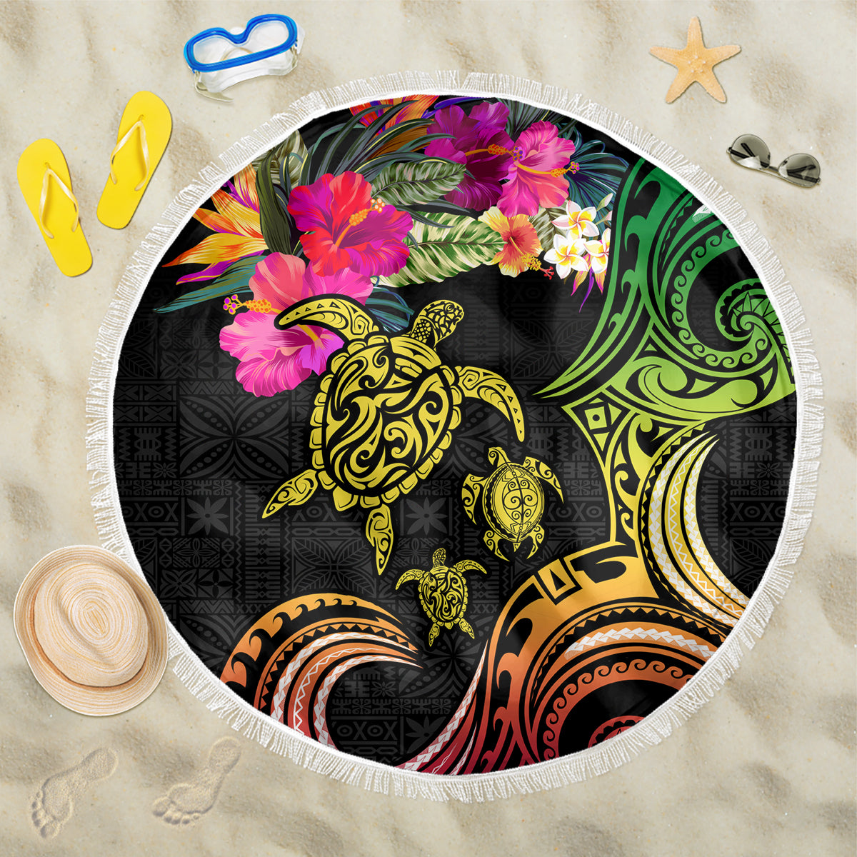 Hawaii Turtle Day Beach Blanket Polynesian Tattoo and Hibiscus Flowers