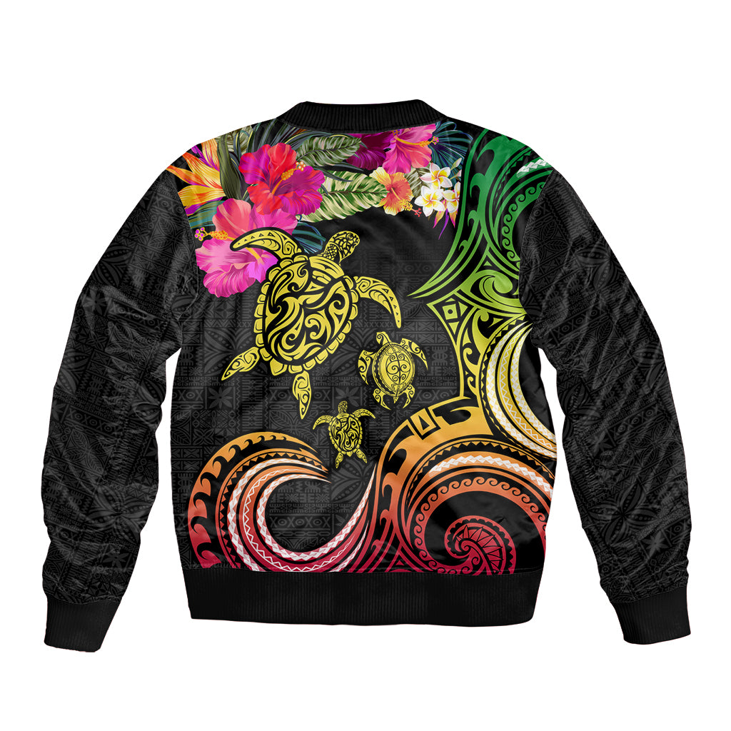 Hawaii Turtle Day Bomber Jacket Polynesian Tattoo and Hibiscus Flowers