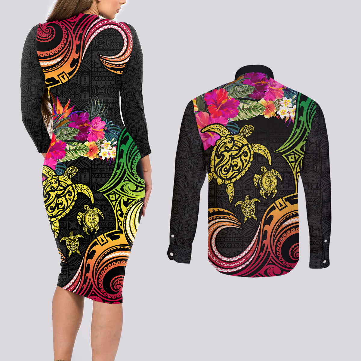 Hawaii Turtle Day Couples Matching Long Sleeve Bodycon Dress and Long Sleeve Button Shirt Polynesian Tattoo and Hibiscus Flowers