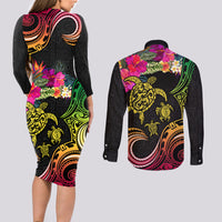 Hawaii Turtle Day Couples Matching Long Sleeve Bodycon Dress and Long Sleeve Button Shirt Polynesian Tattoo and Hibiscus Flowers