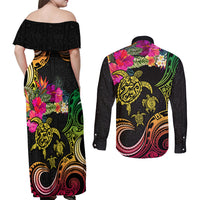 Hawaii Turtle Day Couples Matching Off Shoulder Maxi Dress and Long Sleeve Button Shirt Polynesian Tattoo and Hibiscus Flowers