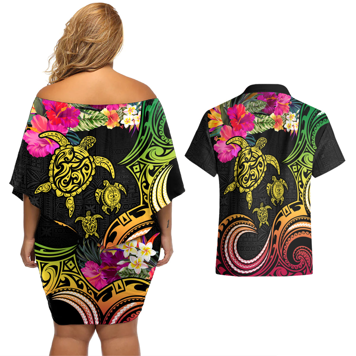 Hawaii Turtle Day Couples Matching Off Shoulder Short Dress and Hawaiian Shirt Polynesian Tattoo and Hibiscus Flowers