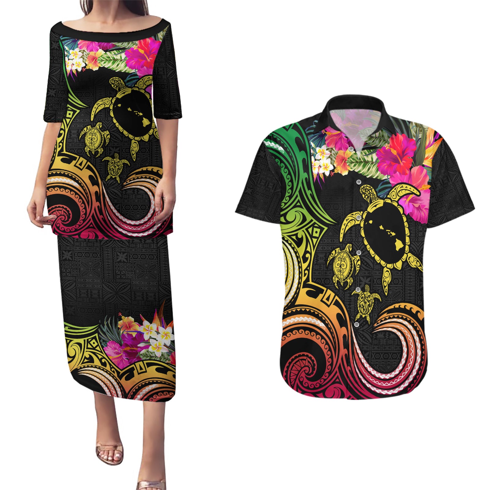 Hawaii Turtle Day Couples Matching Puletasi and Hawaiian Shirt Polynesian Tattoo and Hibiscus Flowers