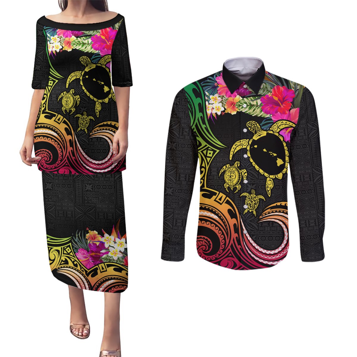 Hawaii Turtle Day Couples Matching Puletasi and Long Sleeve Button Shirt Polynesian Tattoo and Hibiscus Flowers LT03 Black - Polynesian Pride