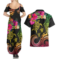 Hawaii Turtle Day Couples Matching Summer Maxi Dress and Hawaiian Shirt Polynesian Tattoo and Hibiscus Flowers