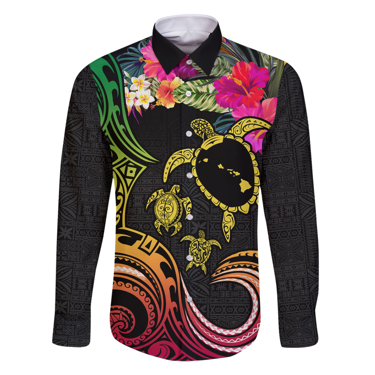 Hawaii Turtle Day Family Matching Long Sleeve Bodycon Dress and Hawaiian Shirt Polynesian Tattoo and Hibiscus Flowers