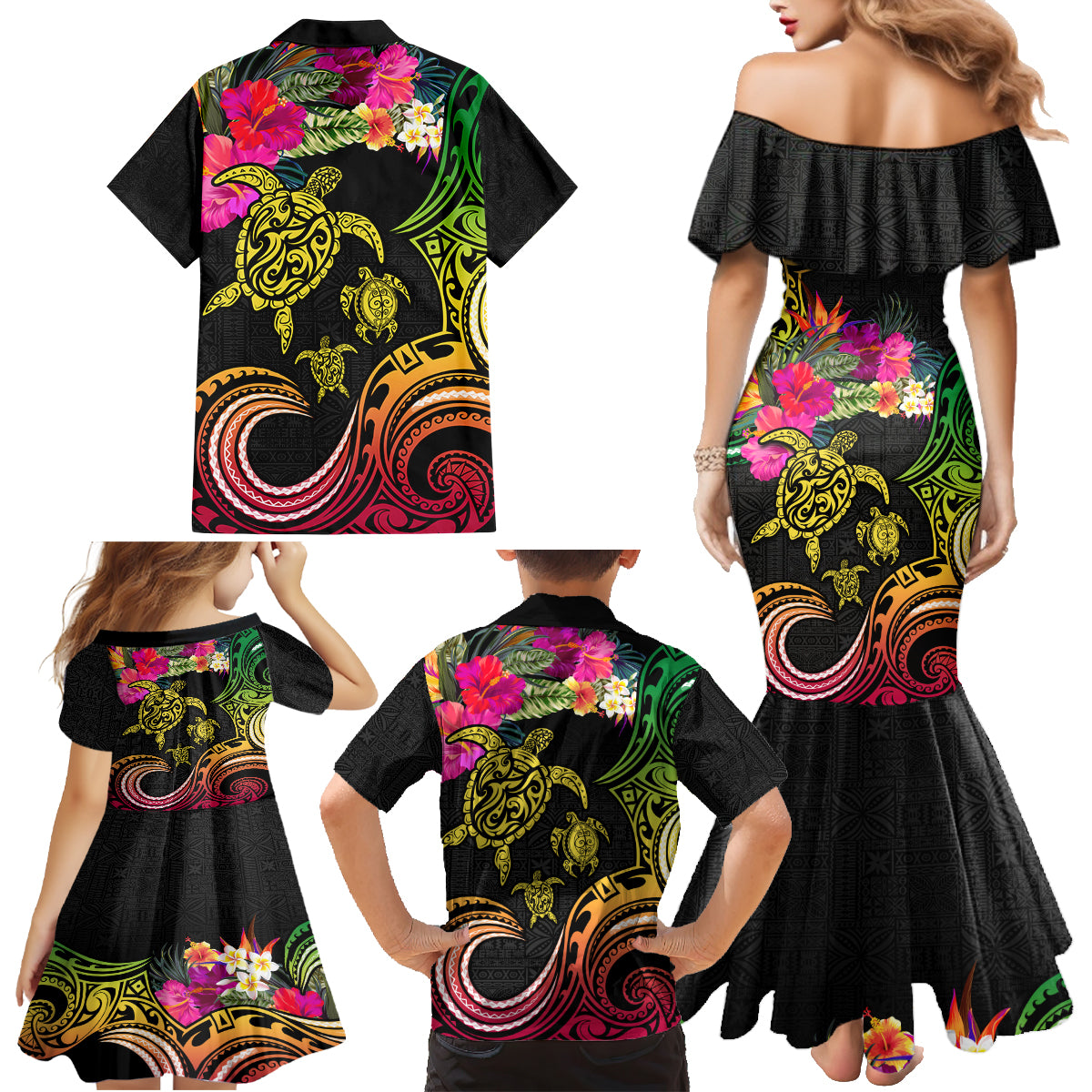 Hawaii Turtle Day Family Matching Mermaid Dress and Hawaiian Shirt Polynesian Tattoo and Hibiscus Flowers