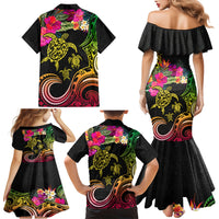 Hawaii Turtle Day Family Matching Mermaid Dress and Hawaiian Shirt Polynesian Tattoo and Hibiscus Flowers