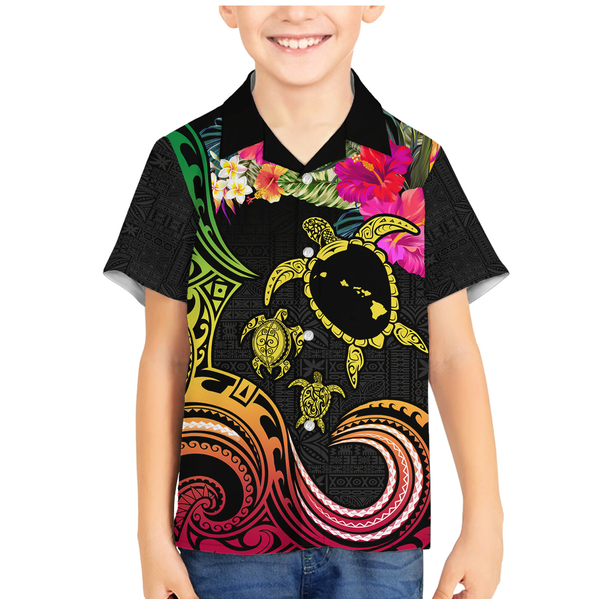 Hawaii Turtle Day Family Matching Mermaid Dress and Hawaiian Shirt Polynesian Tattoo and Hibiscus Flowers