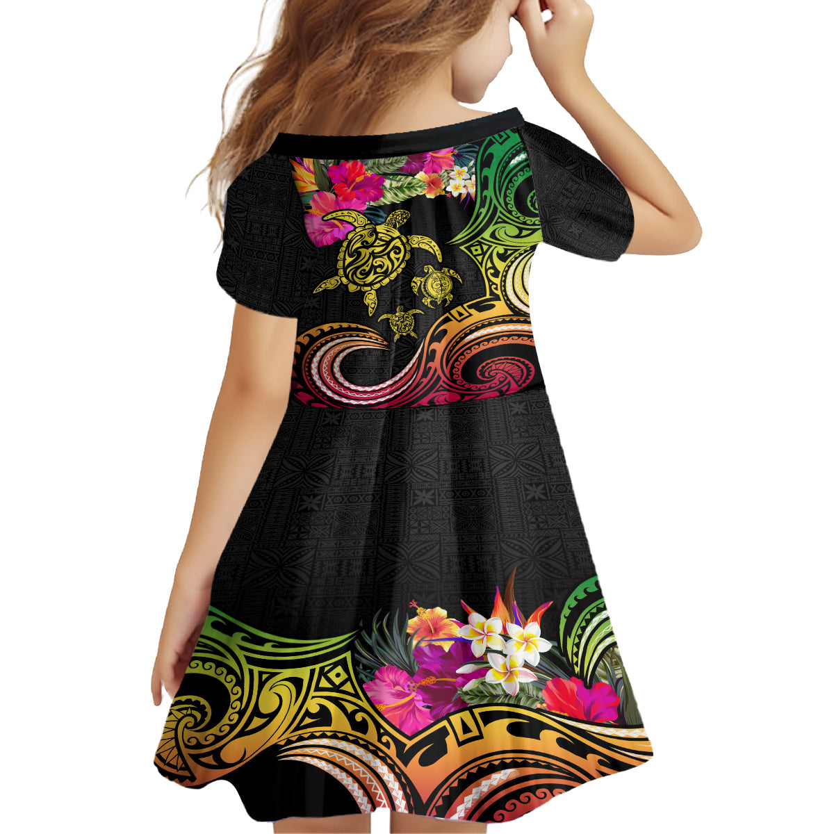 Hawaii Turtle Day Family Matching Off The Shoulder Long Sleeve Dress and Hawaiian Shirt Polynesian Tattoo and Hibiscus Flowers LT03 - Polynesian Pride