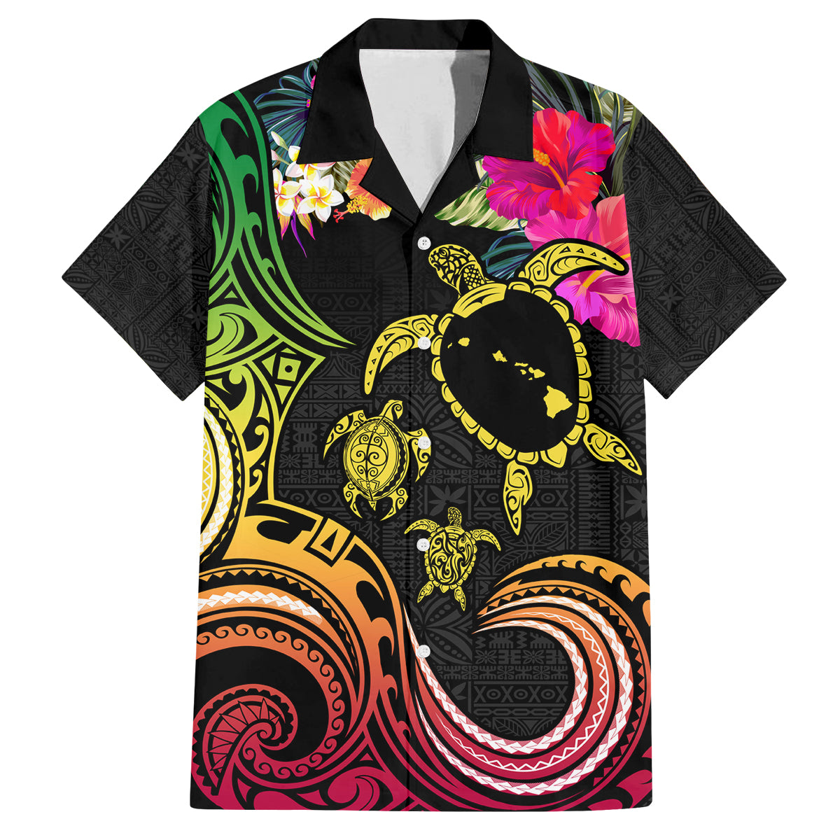 Hawaii Turtle Day Family Matching Off Shoulder Short Dress and Hawaiian Shirt Polynesian Tattoo and Hibiscus Flowers LT03 Dad's Shirt - Short Sleeve Black - Polynesian Pride