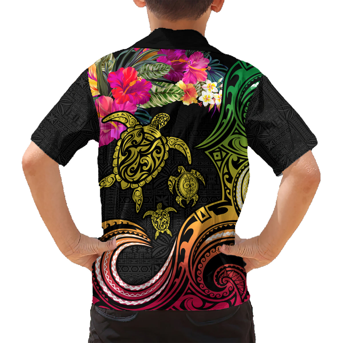 Hawaii Turtle Day Family Matching Short Sleeve Bodycon Dress and Hawaiian Shirt Polynesian Tattoo and Hibiscus Flowers LT03 - Polynesian Pride