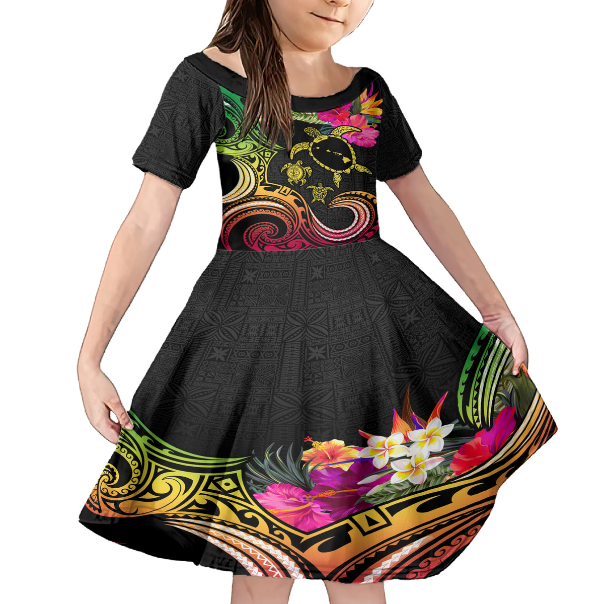Hawaii Turtle Day Family Matching Short Sleeve Bodycon Dress and Hawaiian Shirt Polynesian Tattoo and Hibiscus Flowers LT03 Daughter's Dress Black - Polynesian Pride